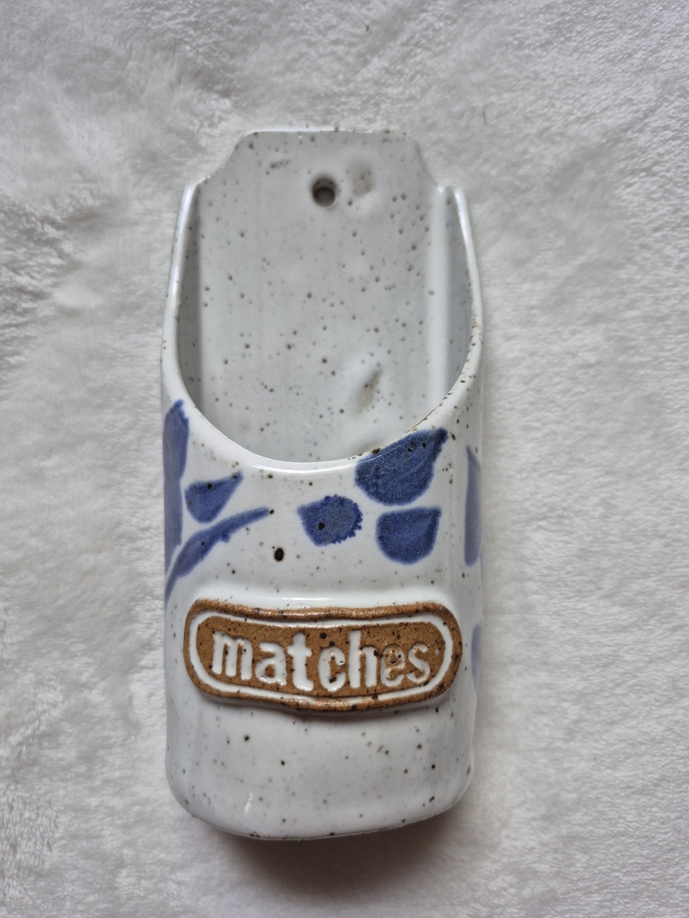 Vintage White Speckled Ceramic Matches Holder with Blue Floral Accents
